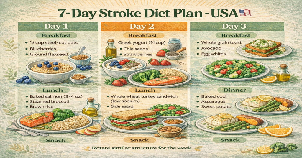 7-day stroke diet plan USA showing heart-healthy meals including salmon, whole grains, vegetables, lentils, yogurt, and fruit for post stroke recovery and stroke prevention
